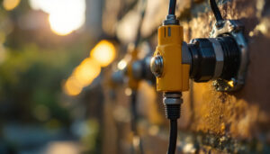 A photograph of a close-up shot of waterproof wire nut connectors being expertly installed by a lighting contractor in a well-lit outdoor setting