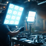 A photograph of a skilled lighting contractor working with led industrial lights in a dynamic workspace