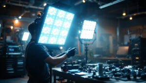 A photograph of a skilled lighting contractor working with led industrial lights in a dynamic workspace