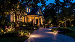 A photograph of a beautifully illuminated outdoor space at dusk