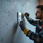 A photograph of a skilled lighting contractor expertly installing an outlet and light switch in a modern interior setting