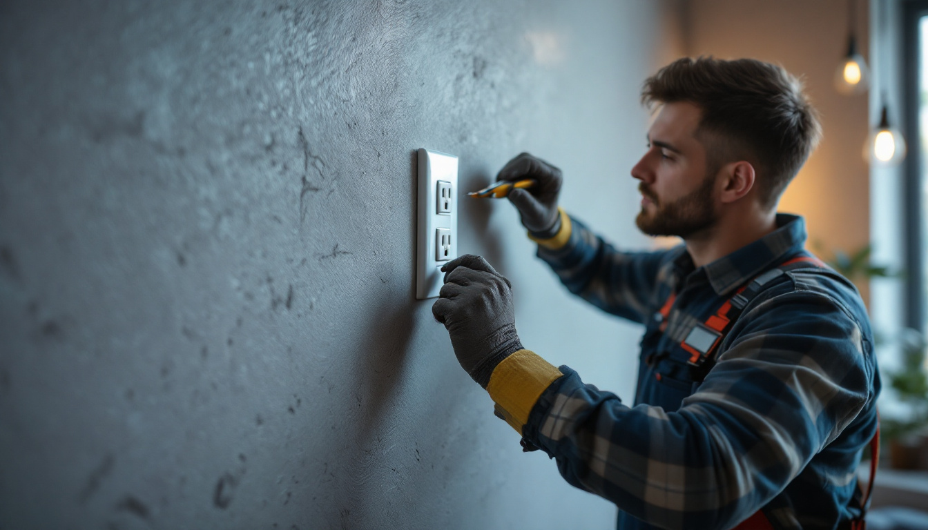 A photograph of a skilled lighting contractor expertly installing an outlet and light switch in a modern interior setting