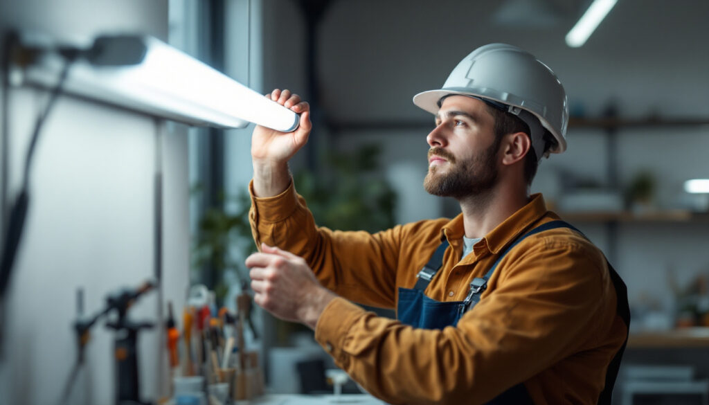 A photograph of a lighting contractor expertly installing a t5 light bulb in a modern workspace