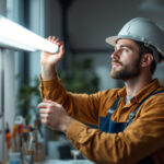 A photograph of a lighting contractor expertly installing a t5 light bulb in a modern workspace