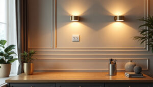 A photograph of a beautifully designed room showcasing a variety of stylish electrical outlets integrated seamlessly into elegant lighting fixtures
