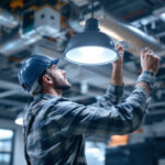 A photograph of a lighting contractor installing a vapor tight fixture in a commercial setting