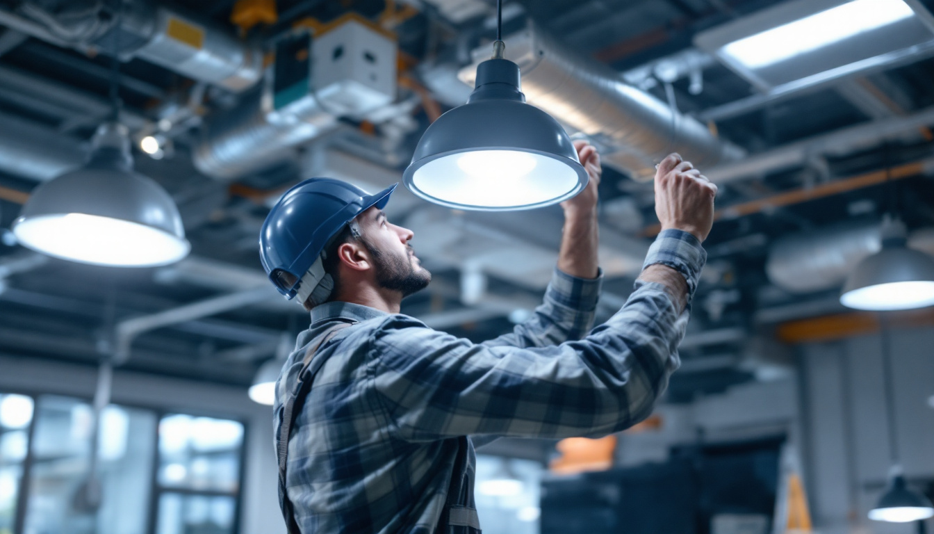 A photograph of a lighting contractor installing a vapor tight fixture in a commercial setting