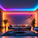 A photograph of a modern living space featuring vibrant led light strips elegantly installed along the ceiling