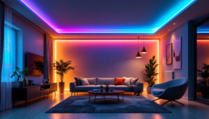 A photograph of a modern living space featuring vibrant led light strips elegantly installed along the ceiling