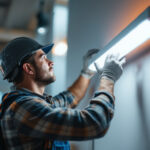 A photograph of a lighting contractor expertly installing a 4-foot led light fixture in a commercial or residential setting