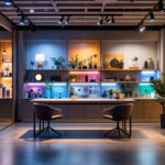 A photograph of a modern lighting store showcasing a variety of ultraviolet light products