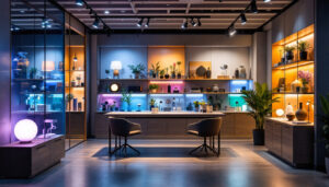 A photograph of a modern lighting store showcasing a variety of ultraviolet light products