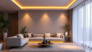 A photograph of a modern living space featuring stylish recessed led lighting fixtures