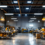 A photograph of a well-lit industrial workspace showcasing high bay led shop lights in action