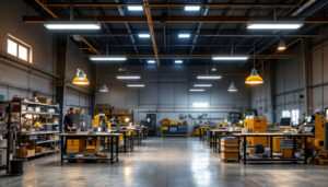 A photograph of a well-lit industrial workspace showcasing high bay led shop lights in action