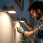 A photograph of a lighting contractor expertly installing sleek led canlights in a modern residential setting