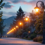 A photograph of a well-lit outdoor scene showcasing various styles of pole lights in use