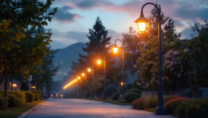 A photograph of a well-lit outdoor scene showcasing various styles of pole lights in use