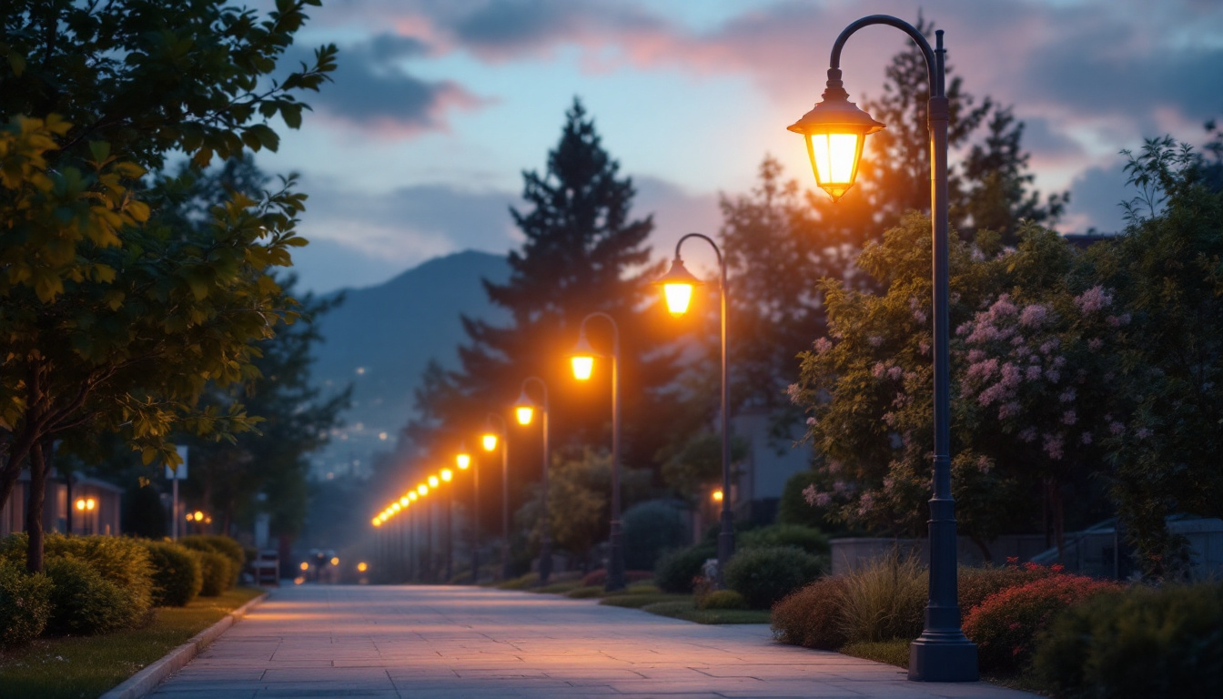 A photograph of a well-lit outdoor scene showcasing various styles of pole lights in use