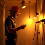 A photograph of a lighting contractor working in a dimly lit space