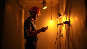 A photograph of a lighting contractor working in a dimly lit space