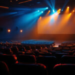 A photograph of a well-lit movie theater showcasing various lighting fixtures and equipment used by lighting contractors