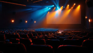 A photograph of a well-lit movie theater showcasing various lighting fixtures and equipment used by lighting contractors