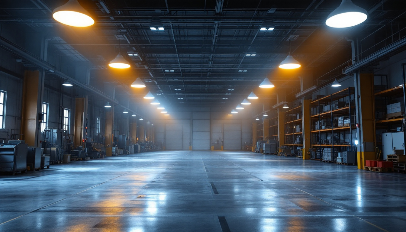 A photograph of a brightly lit industrial space showcasing led high bay lights in action