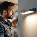 A photograph of a skilled lighting contractor installing a sleek wall-mounted led light in a modern interior space