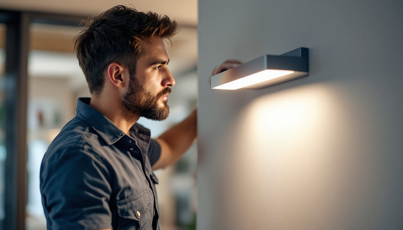 A photograph of a skilled lighting contractor installing a sleek wall-mounted led light in a modern interior space