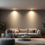 A photograph of a modern living space showcasing four stylish recessed lights illuminating the room