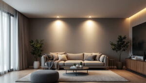 A photograph of a modern living space showcasing four stylish recessed lights illuminating the room