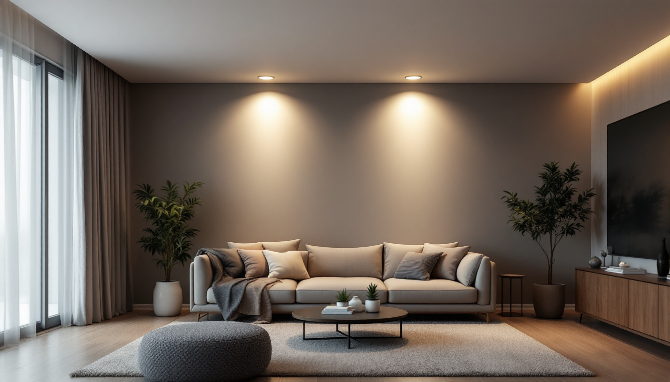 A photograph of a modern living space showcasing four stylish recessed lights illuminating the room