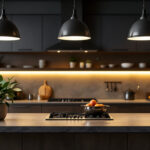 A photograph of a stylish industrial kitchen island illuminated by modern