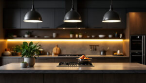 A photograph of a stylish industrial kitchen island illuminated by modern