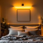 A photograph of a beautifully designed over-the-bed lighting installation in a cozy