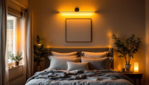A photograph of a beautifully designed over-the-bed lighting installation in a cozy