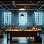 A photograph of a well-lit industrial workspace showcasing rab industrial lighting fixtures in use