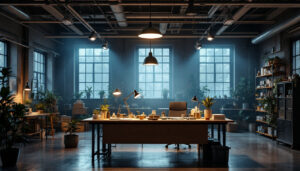A photograph of a well-lit industrial workspace showcasing rab industrial lighting fixtures in use