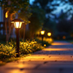 A photograph of a beautifully illuminated outdoor pathway at dusk