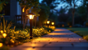 A photograph of a beautifully illuminated outdoor pathway at dusk