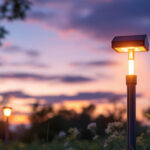 A photograph of a beautifully illuminated outdoor space featuring a stylish solar light post