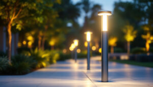 A photograph of a beautifully illuminated outdoor space featuring modern led post lights