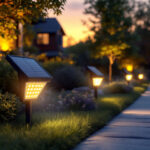 A photograph of a well-lit outdoor scene showcasing solar-powered flood lights illuminating a landscaped area
