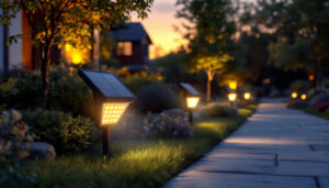A photograph of a well-lit outdoor scene showcasing solar-powered flood lights illuminating a landscaped area