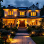 A photograph of a beautifully illuminated exterior of a house at dusk