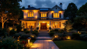 A photograph of a beautifully illuminated exterior of a house at dusk