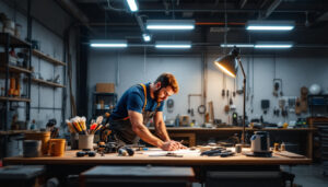 A photograph of a well-lit workshop or garage space showcasing led shop lights in action
