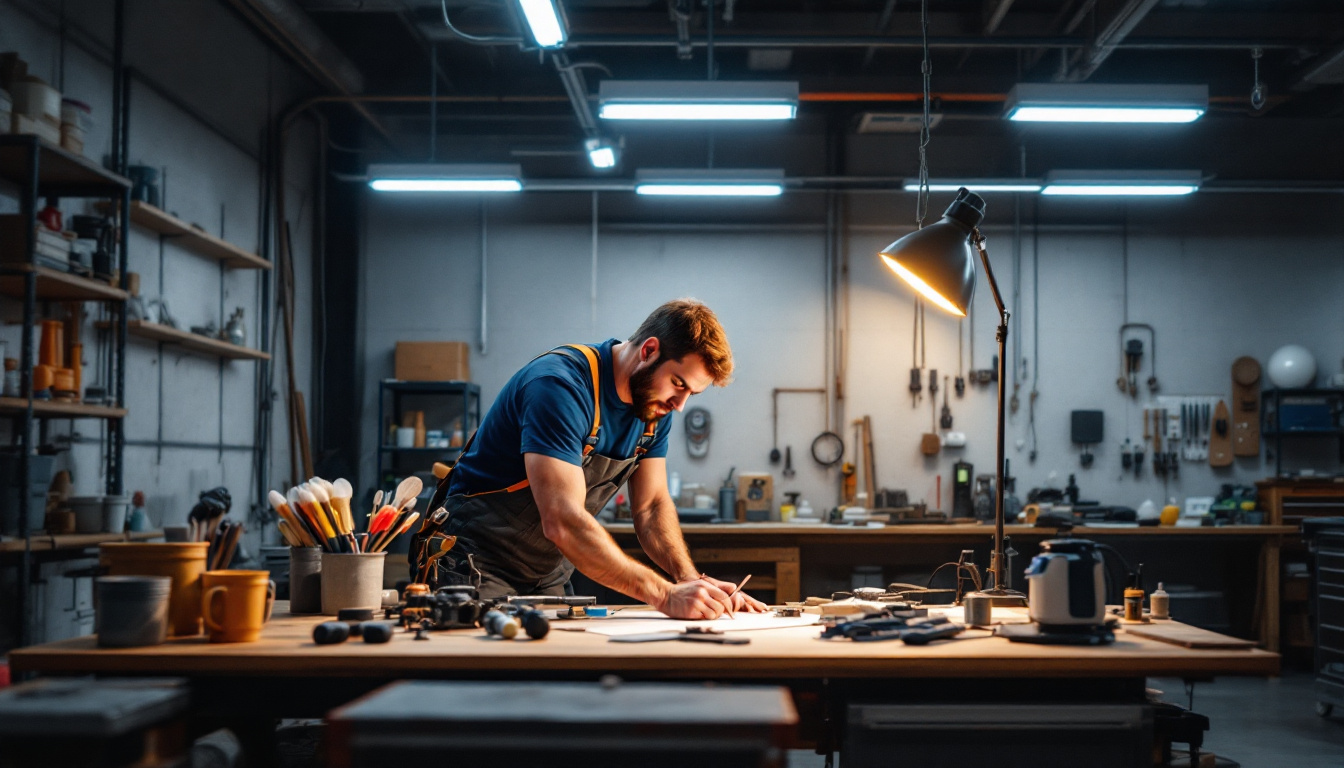 A photograph of a well-lit workshop or garage space showcasing led shop lights in action