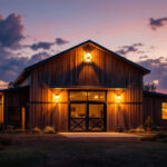 A photograph of capture a photograph of a modern barn illuminated by sleek